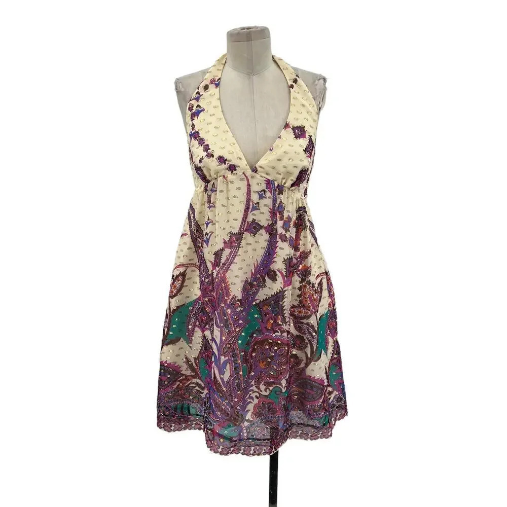 Tibi Cream Purple Floral Paisley Metallic Halter Mini Dress Size 6